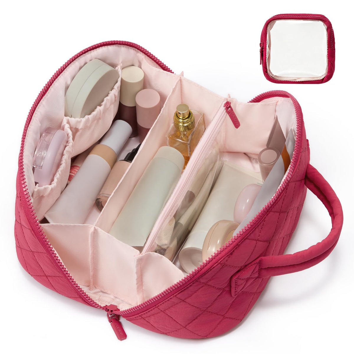LOVEVOOK Travel Makeup Bag for Women, 2Pcs Puffer Waterproof Cosmetic Organizer, Large Capacity Pouch Open Flat Small Toiletry Bag with Brush Compartment & Handle (Pink, Medium)