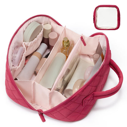 LOVEVOOK Travel Makeup Bag for Women, 2Pcs Puffer Waterproof Cosmetic Organizer, Large Capacity Pouch Open Flat Small Toiletry Bag with Brush Compartment & Handle (Pink, Medium)