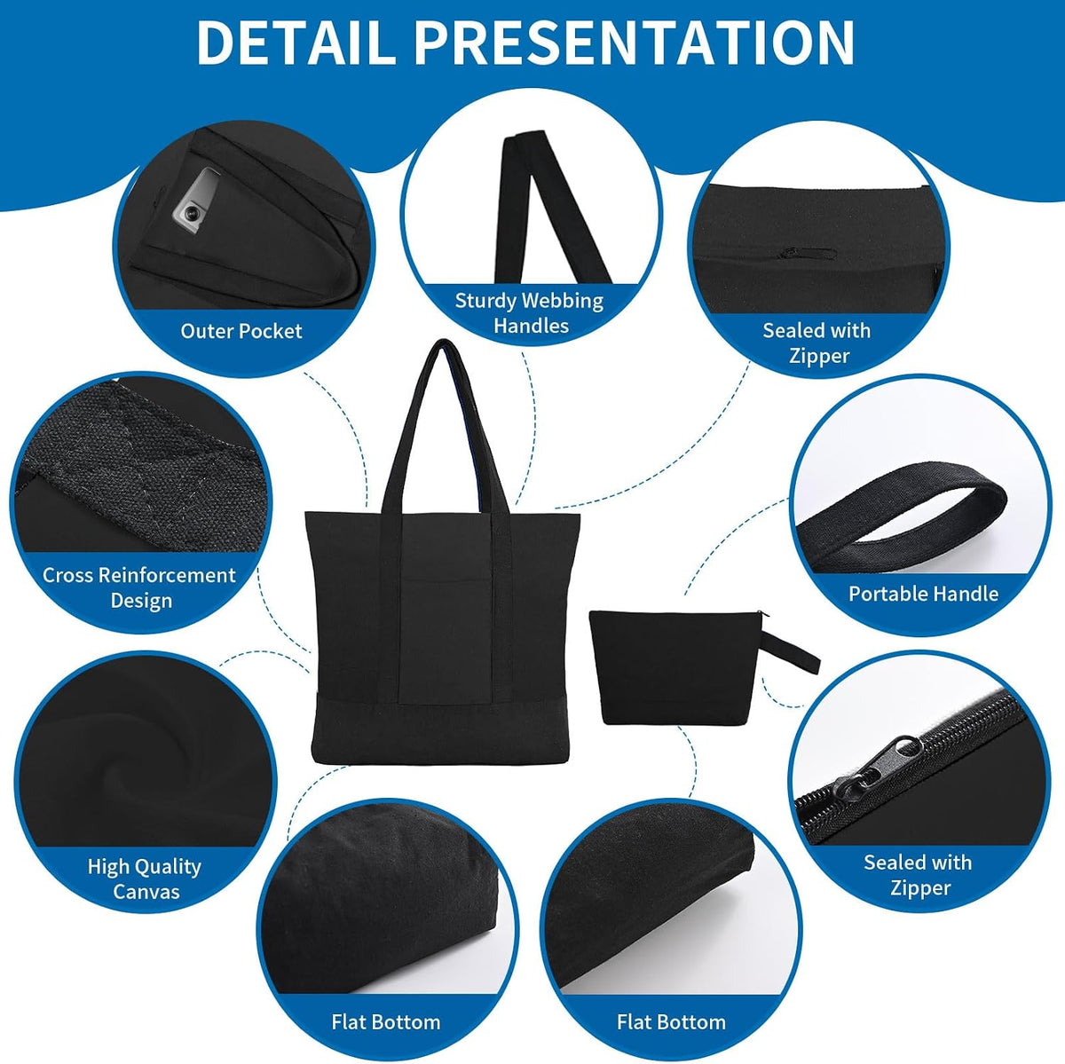 2-Pack Canvas Tote Bags and Makeup Bags, Cotton Zipper Bag, All Black
