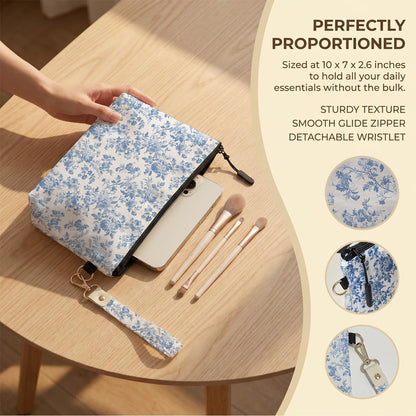 Fokongna Makeup Bag with Matching Keychain Wristlet, Floral Cosmetic Bag