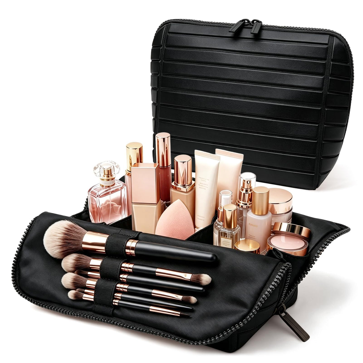Travel Makeup Bag for Women, Fold Down Stand-Up Striped Makeup Organizer with Adjustable Dividers, 24 Pockets, 5 Brush Holders, Waterproof PVC Cosmetic Toiletry Bag for Travel, Beige
