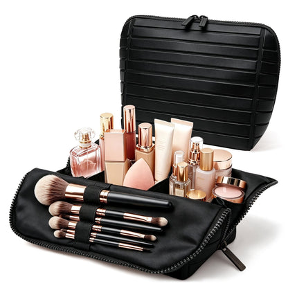 Travel Makeup Bag for Women, Fold Down Stand-Up Striped Makeup Organizer with Adjustable Dividers, 24 Pockets, 5 Brush Holders, Waterproof PVC Cosmetic Toiletry Bag for Travel, Beige