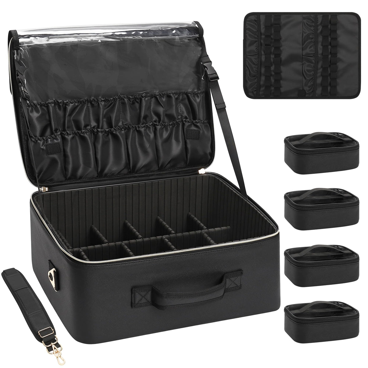Relavel Rolling Makeup Case, Professional Makeup Artist Set Bag Cosmetic Organizer with 4 Clear Bags & Adjustable Dividers, Large Capacity Travel Train Case, Black