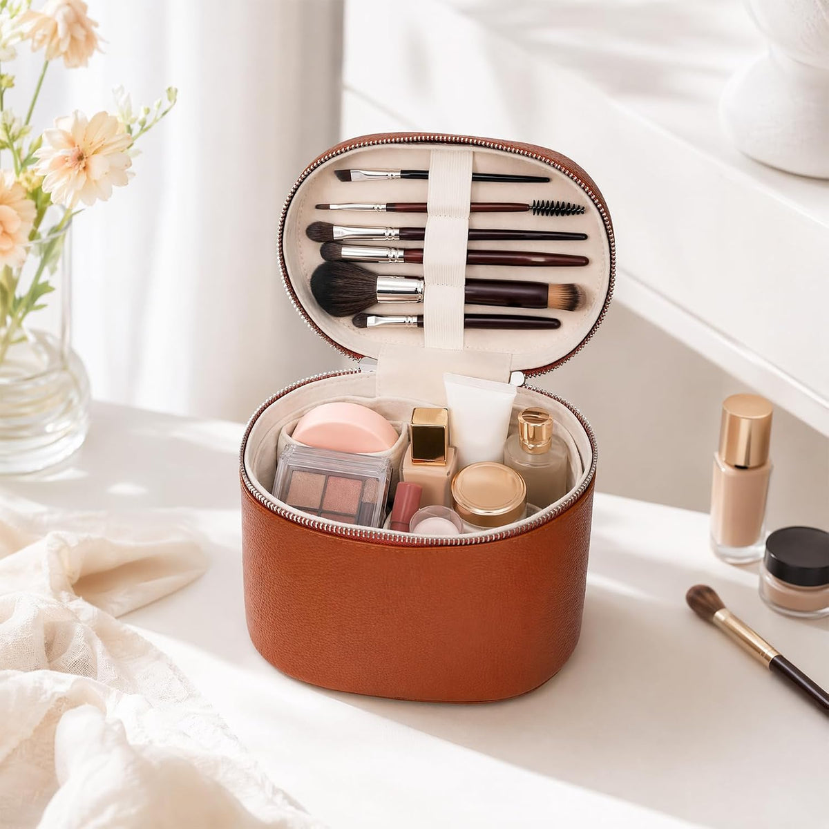 Cosmetic Case, Leather Makeup Bag, Portable Handheld Makeup Case, Detachable Compartments
