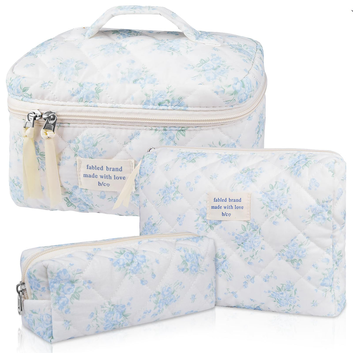 Gosect Makeup Bag Set, Quilted Makeup Bags, Large Floral Cosmetic Bag for Women, Cute Cotton Makeup Bags, Flower Travel Toiletry Organizer Bag (Folk Style)