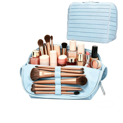 Travel parallel vertical Makeup Bag with Fold-Down Design and Adjustable Dividers,upright Cosmetic Toiletry Bags Brown