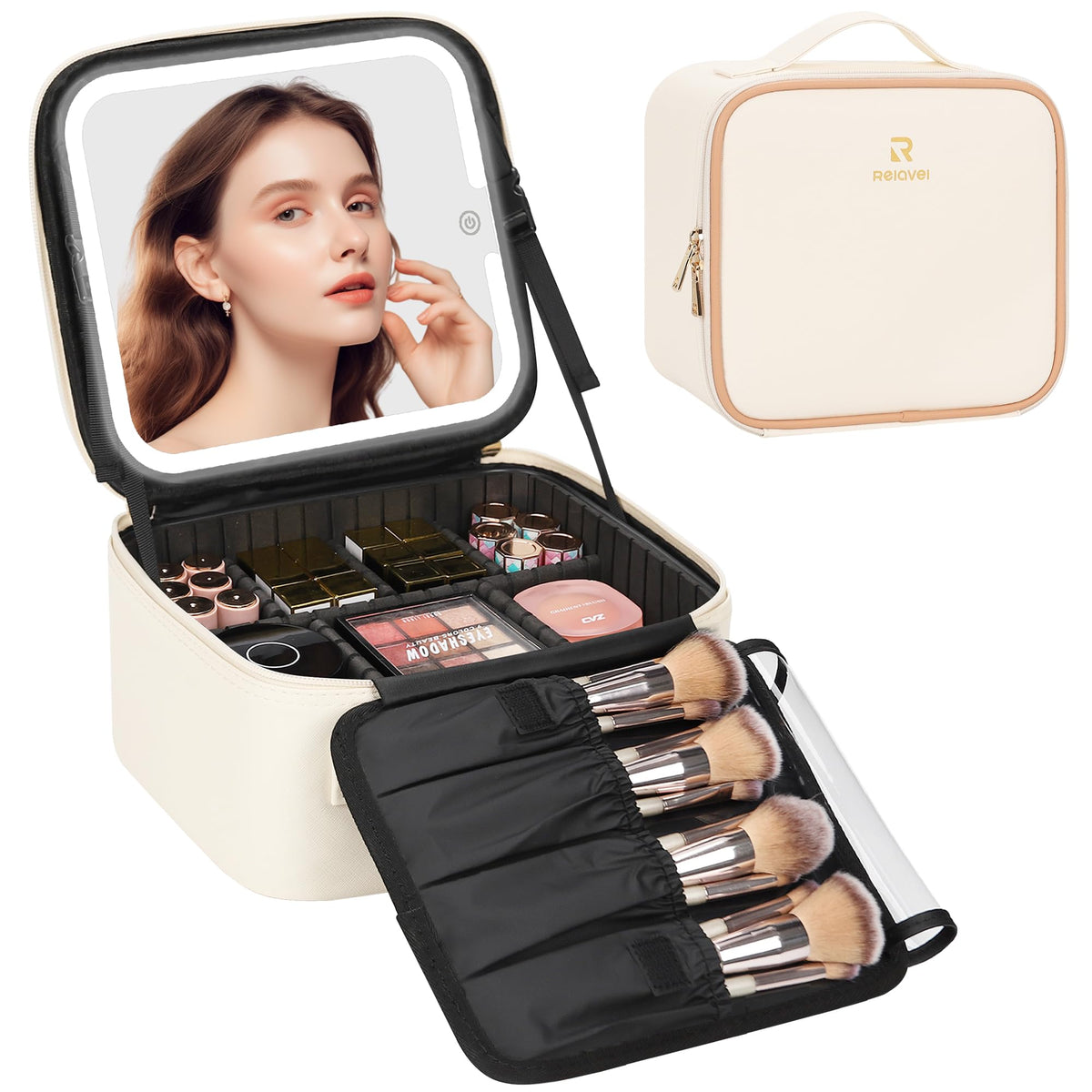 Chomeiu Makeup Bag with LED Mirror, Travel Cosmetic Bag with Shoulder Strap