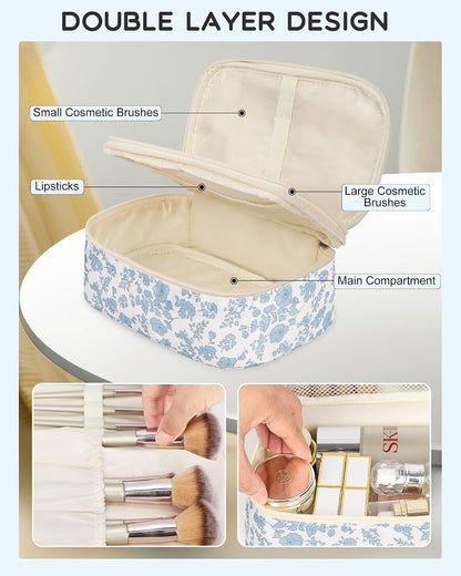 Relavel Travel Makeup Bag, Small Floral Cosmetic Bag with Handle for Trip