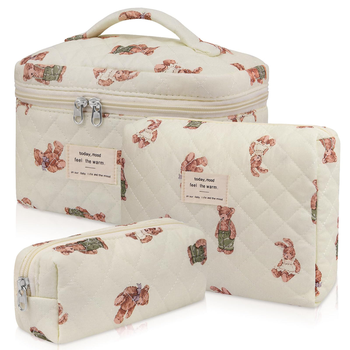 Gosect Makeup Bag Set, Quilted Makeup Bags, Large Floral Cosmetic Bag for Women, Cute Cotton Makeup Bags, Flower Travel Toiletry Organizer Bag (Folk Style)