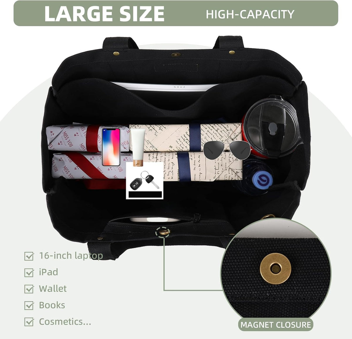 Large Canvas Tote Bag for Women,Casual Spacious Shoulder Bag