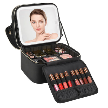 Relavel Travel Makeup Bag With LED Mirror, Cosmetic Train Case with Light up Mirror, Portable Makeup Artist Organizer Bag with Adjustable Dividers, Makeup Brush Holder Storage, Black