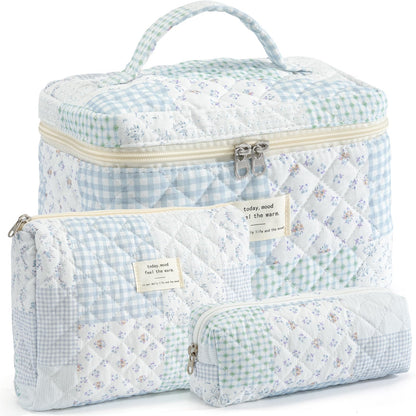 Makeup Bag for Women Quilted Cotton Make Up Bag Travel Cosmetic Bag Large Makeup Bag Cute Makeup Bags Organizer Floral Toiletry Bag Makeup Pouch for Purse, Pink Floral A-1PCS