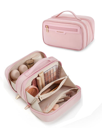 BAGSMART Travel Makeup Bag, Make Up Bag with Multiple Compartments for Organizer, Durable & Compact Cosmetic Organizer for Women for Travel Accessories (Beige)
