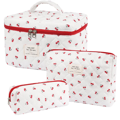 Makeup Bag,Quilted Cosmetic Bag,Large Floral Make Up Bag for Women,Cotton Makeup Bag Set,Flower Travel Toiletry Bag