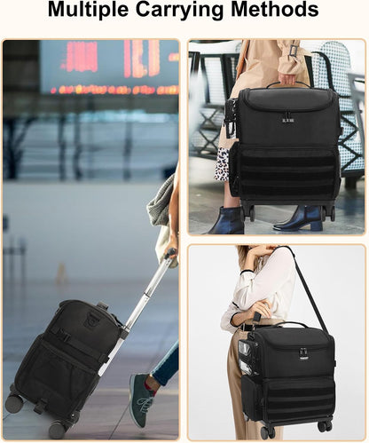 Relavel Rolling Makeup Case, Professional Makeup Artist Set Bag Cosmetic Organizer with 4 Clear Bags & Adjustable Dividers, Large Capacity Travel Train Case, Black
