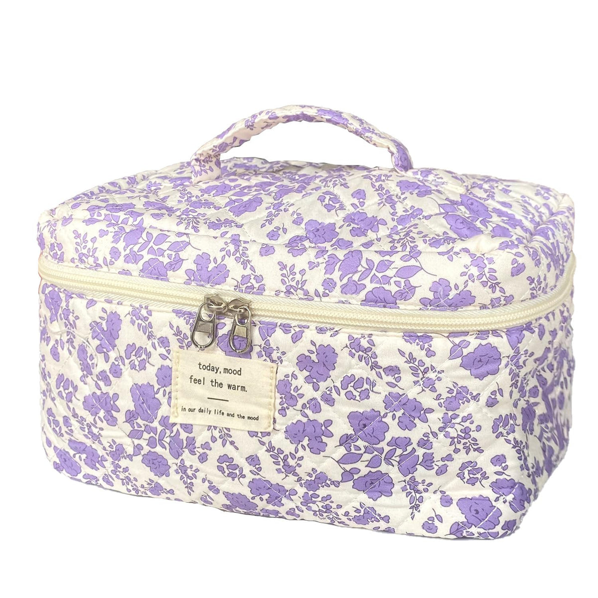 Rose Red Large Quilted Floral Makeup Bag Cute Soft Coquette Aesthetic Cosmetic Bag Cotton Travel Toiletry Bag for Women