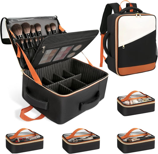 Makeup Backpack, Extra Large Makeup Case Bag with 4 Pouches, Professional Cosmetic Storage Organizer Bag with Adjustable Divider & Brush Slots, Travel Makeup Artist Kit Set Bag for Makeup Artists