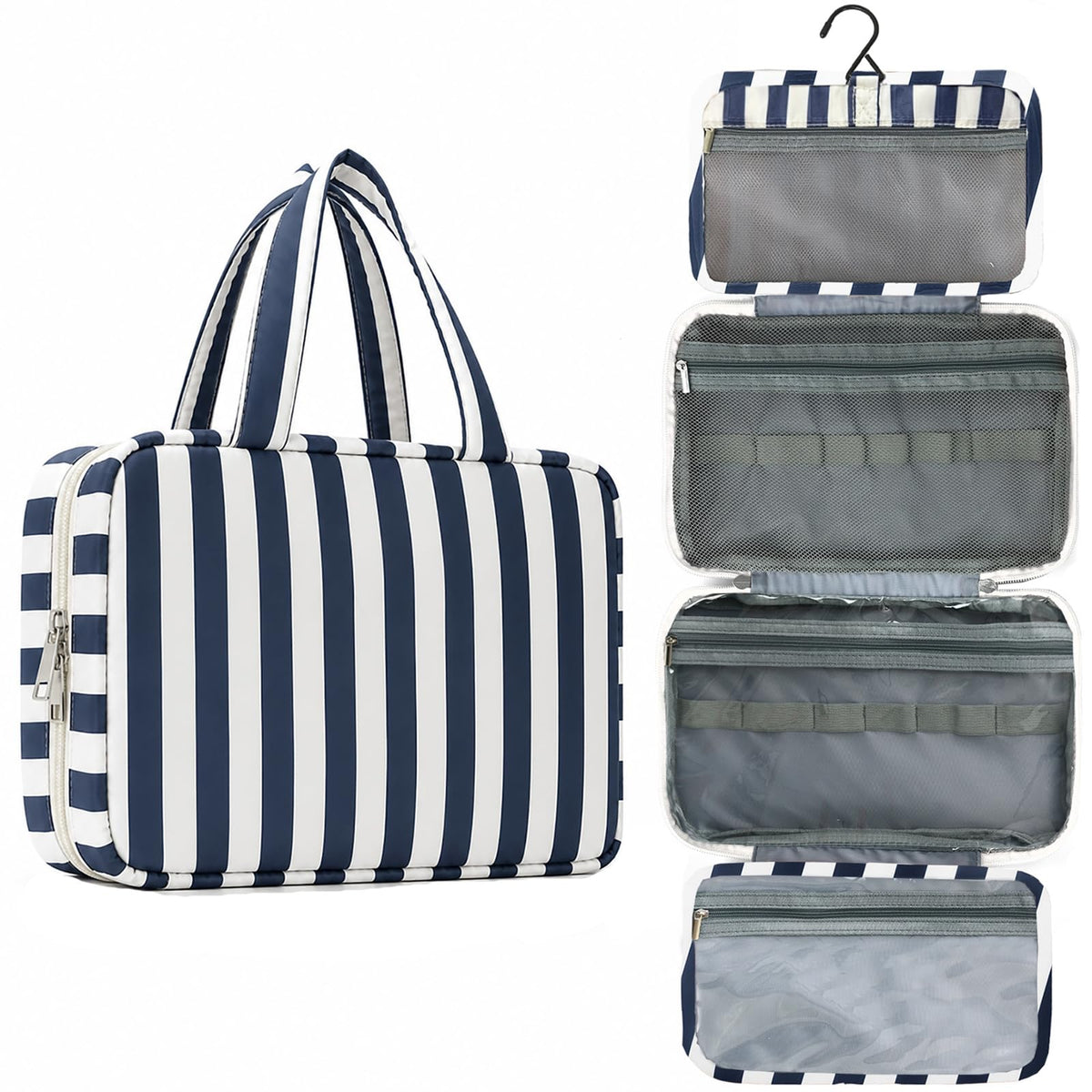 Toiletry Bag for Women Travel Water-resistant Cosmetic Bag Fashion Stripes Makeup Bag with Hanging Hook Preppy for Store Toiletries Cosmetic Accessories Medium Pink