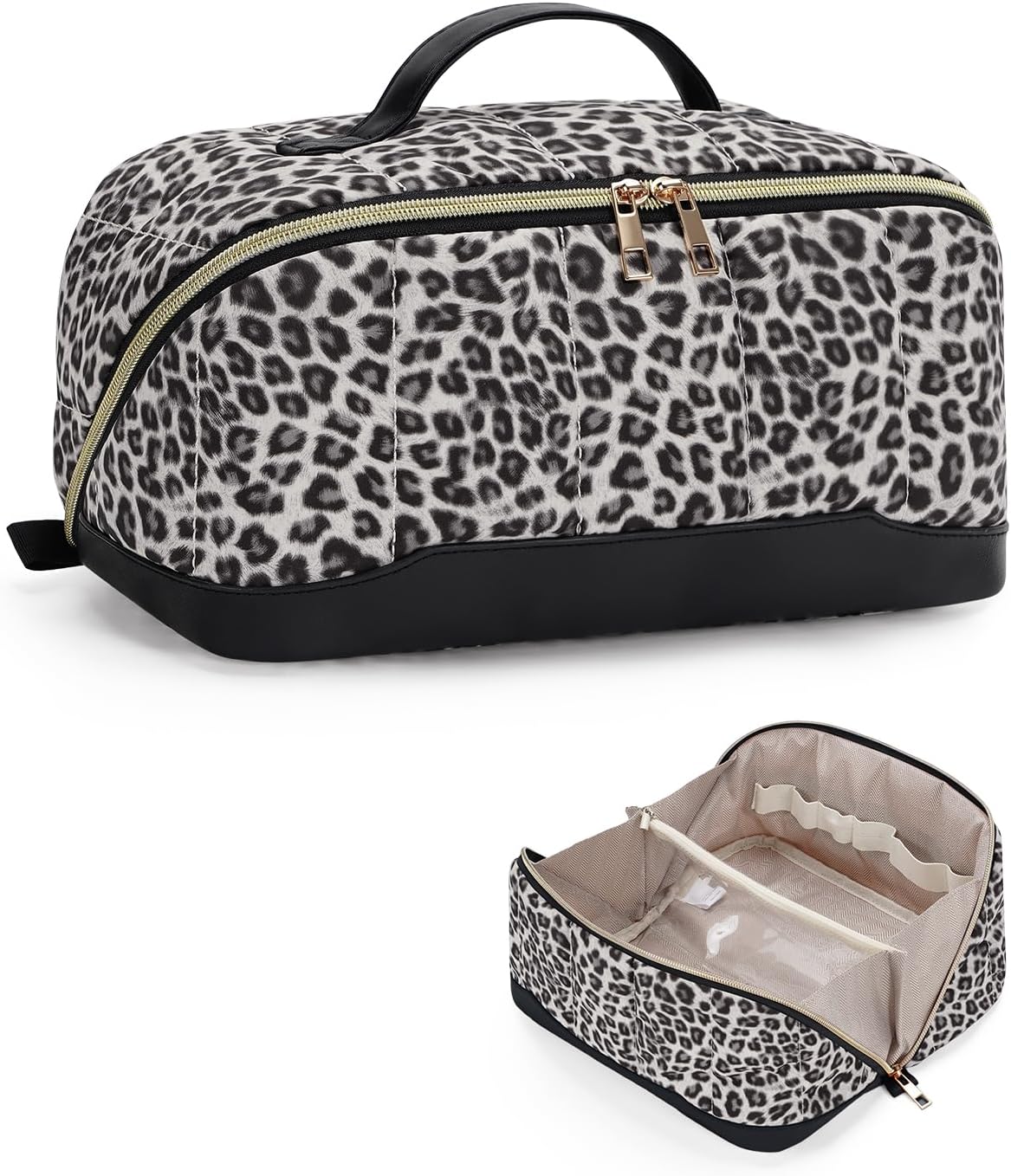 Makeup Bag for Women, Open Flat Puffy Organizer with Wipe-Clean PVC Lining