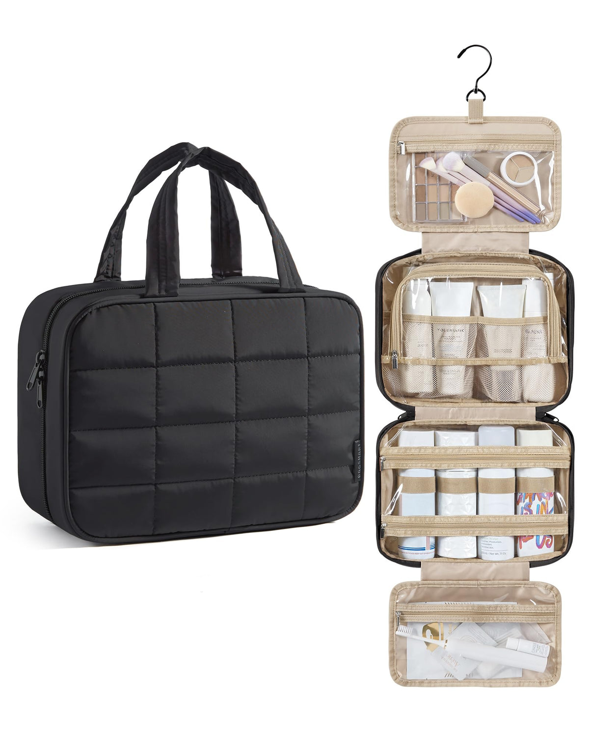 BAGSMART Travel Toiletry Bag for Womne, Hanging Travel Bag for Toiletries, Puffy Makeup Cosmetic Bag Organizer, Carry-on Travel Accessories Essentials, Black