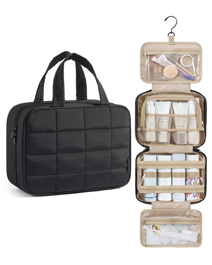 BAGSMART Travel Toiletry Bag for Womne, Hanging Travel Bag for Toiletries, Puffy Makeup Cosmetic Bag Organizer, Carry-on Travel Accessories Essentials, Black