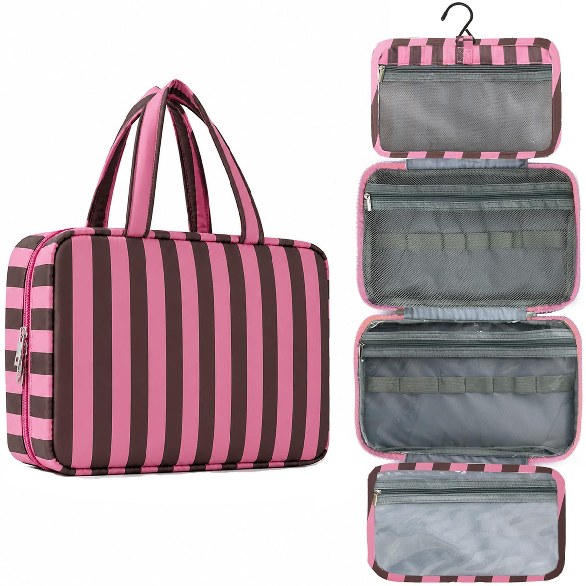 Toiletry Bag for Women Travel Water-resistant Cosmetic Bag Fashion Stripes Makeup Bag with Hanging Hook Preppy for Store Toiletries Cosmetic Accessories Medium Pink