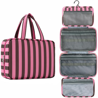 Toiletry Bag for Women Travel Water-resistant Cosmetic Bag Fashion Stripes Makeup Bag with Hanging Hook Preppy for Store Toiletries Cosmetic Accessories Medium Pink