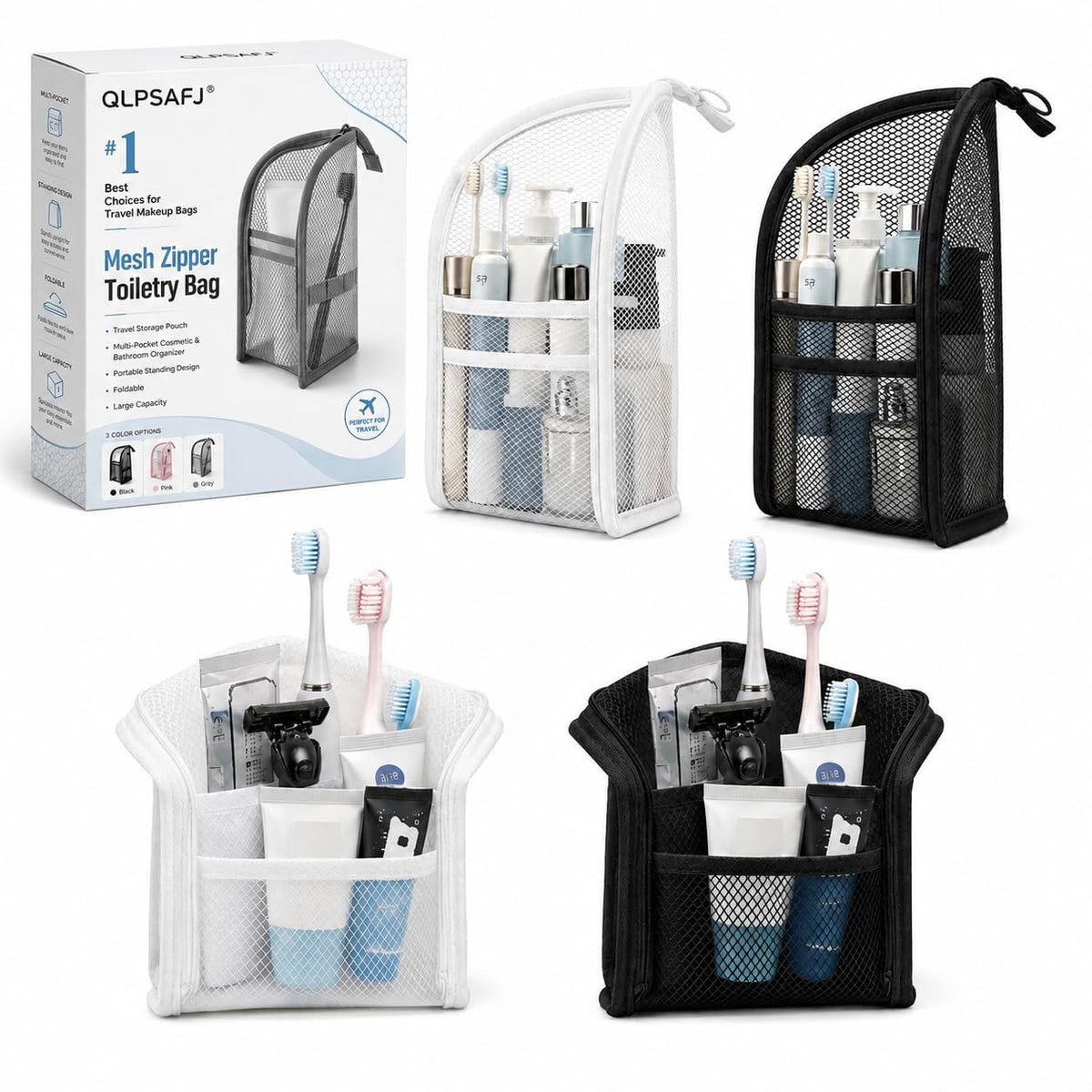 Mesh Zipper Toiletry Bag for Travel Storage Pouch Multi-pocket Travel Cosmetic Bathroom Count Hanging Organizer Portable Standing Makeup Foldable Clear Waterproof EVA Large Capacity(2pc-c)