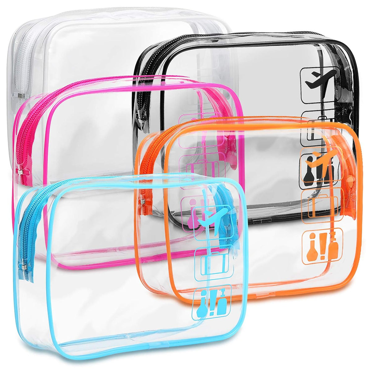 F-color TSA Approved Toiletry Bag - Clear Makeup Bag, 5 Pack, 5 Colors