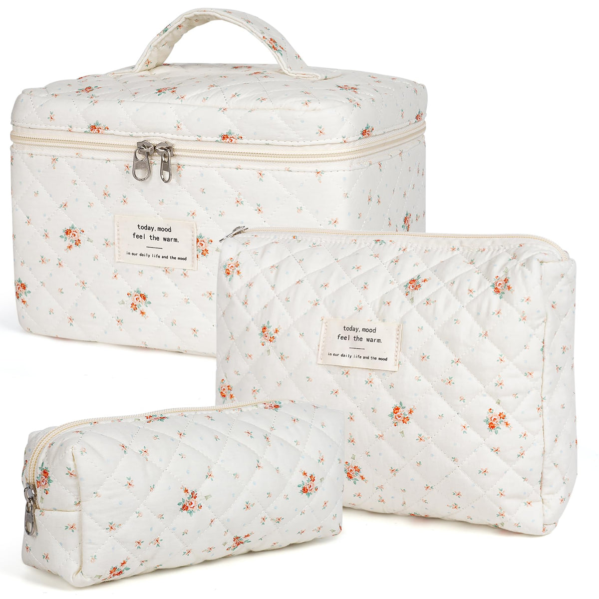 Makeup Bag,Quilted Cosmetic Bag,Large Floral Make Up Bag for Women,Cotton Makeup Bag Set,Flower Travel Toiletry Bag