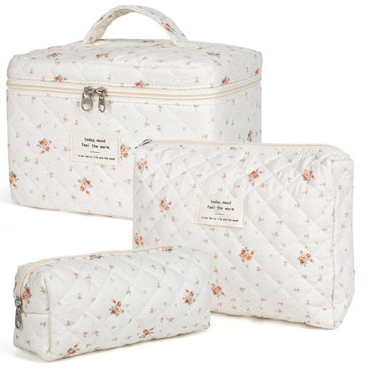 Makeup Bag,Quilted Cosmetic Bag,Large Floral Make Up Bag for Women,Cotton Makeup Bag Set,Flower Travel Toiletry Bag