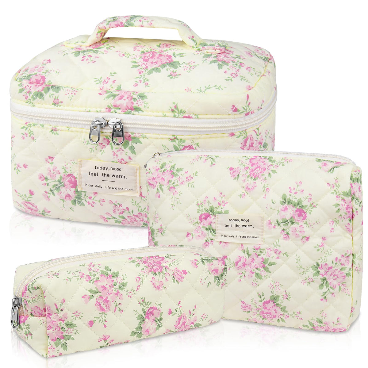 Gosect Makeup Bag Set, Quilted Makeup Bags, Large Floral Cosmetic Bag for Women, Cute Cotton Makeup Bags, Flower Travel Toiletry Organizer Bag (Folk Style)
