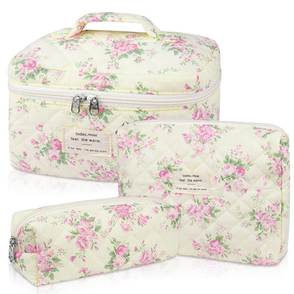 Gosect Makeup Bag Set, Quilted Makeup Bags, Large Floral Cosmetic Bag for Women, Cute Cotton Makeup Bags, Flower Travel Toiletry Organizer Bag (Folk Style)