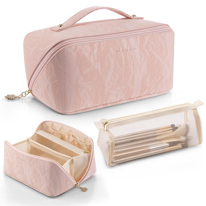 VLANDO Travel Makeup Bag with 180°Opening, Women Toiletry Case,Toffee