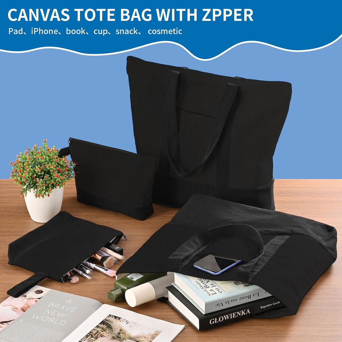2-Pack Canvas Tote Bags and Makeup Bags, Cotton Zipper Bag, All Black