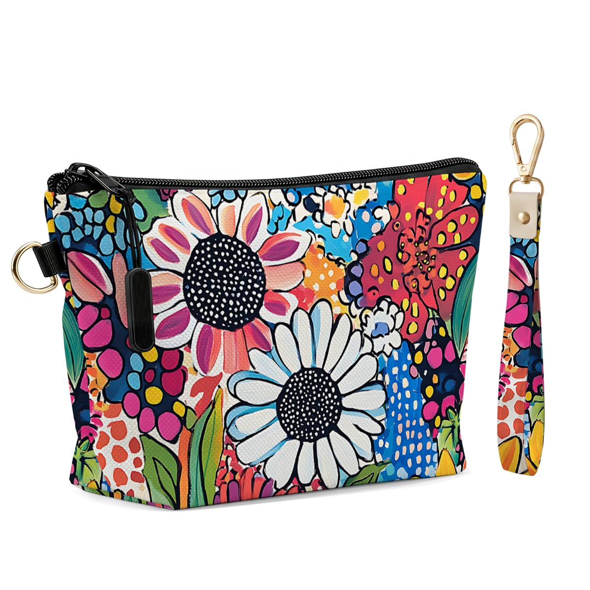 Fokongna Makeup Bag with Matching Keychain Wristlet, Floral Cosmetic Bag