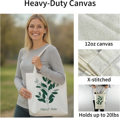 itgowisa Canvas Tote Bag with Zipper Pocket, Reusable Grocery Bag for Daily