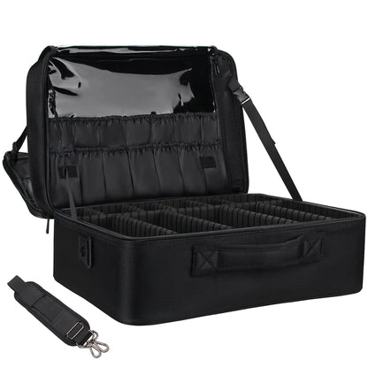 Relavel Makeup Bag Travel Makeup Train Case Large Cosmetic Case Professional Portable Makeup Brush Holder Organizer and Storage with Adjustable Dividers and Shoulder Strap Black