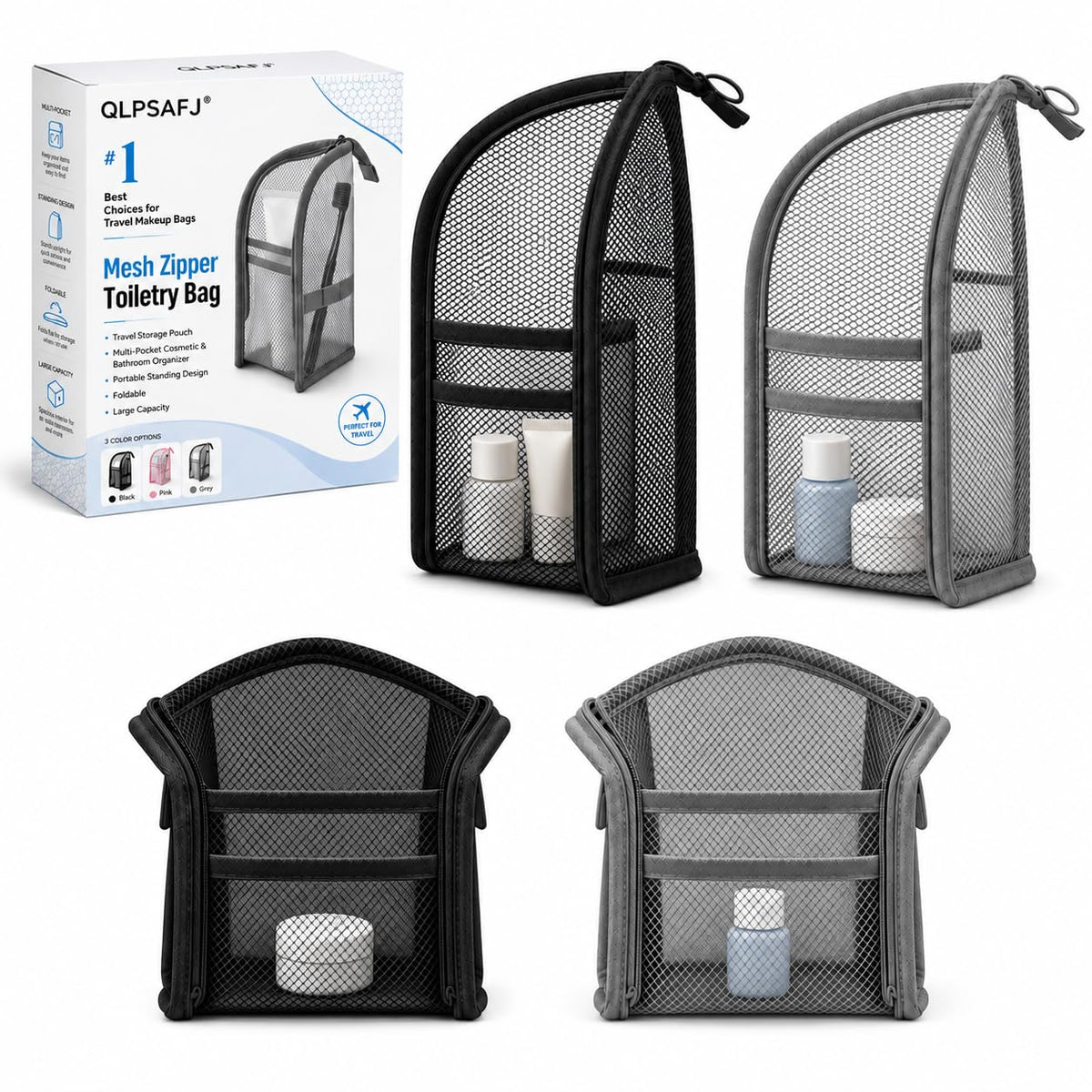 Mesh Zipper Toiletry Bag for Travel Storage Pouch Multi-pocket Travel Cosmetic Bathroom Count Hanging Organizer Portable Standing Makeup Foldable Clear Waterproof EVA Large Capacity(2pc-c)