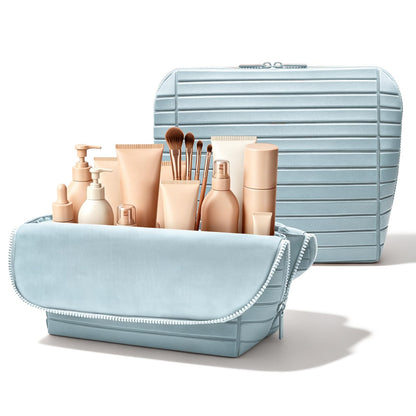 Travel Makeup Organizer Bag with Fold-Down Design and Adjustable Dividers, 27 Pockets & 3 Brush Storage Holders, Large Capacity Cosmetic Bags Toiletry Case - White