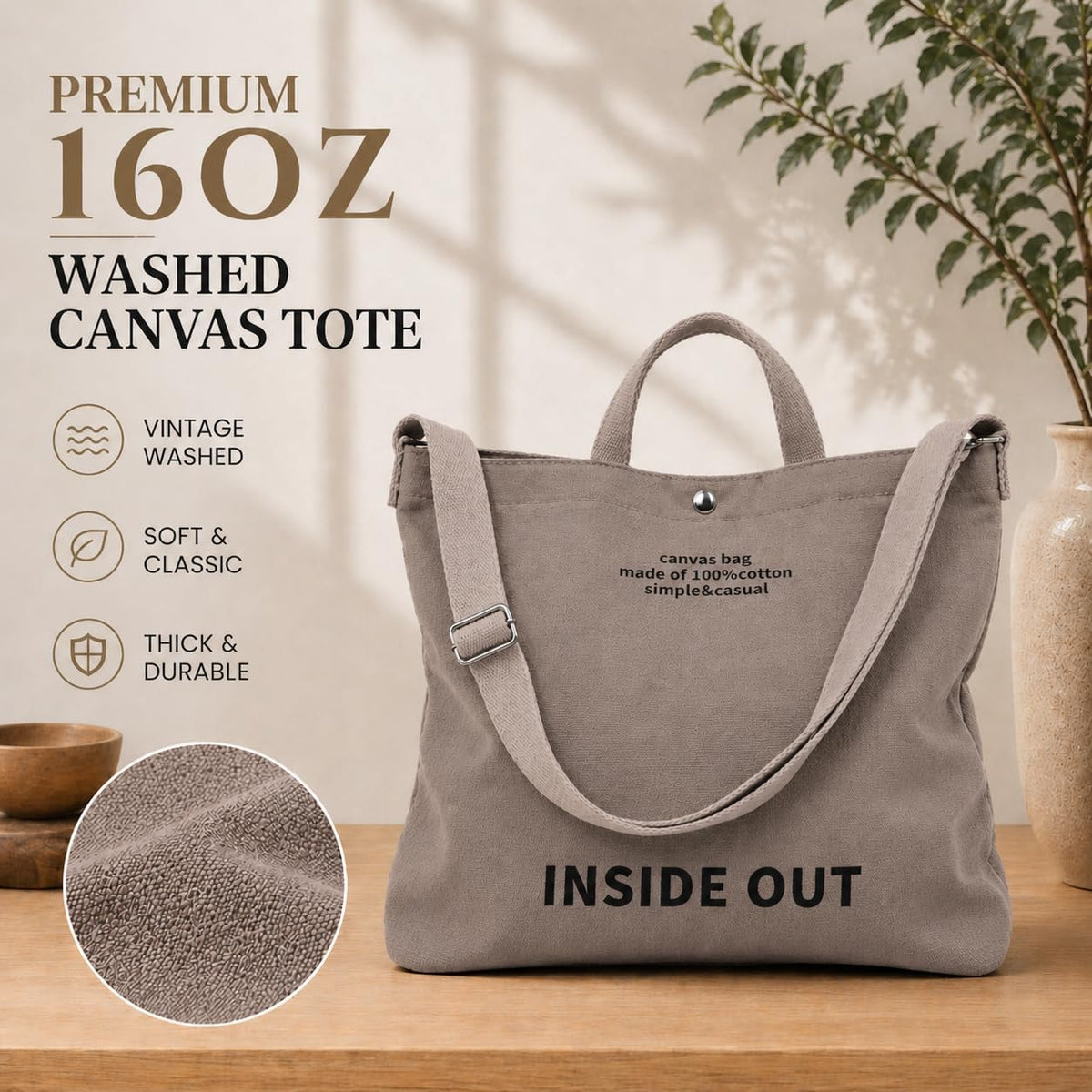 Tote Bag for Women, 16oz Canvas Crossbody, Adjustable Strap
