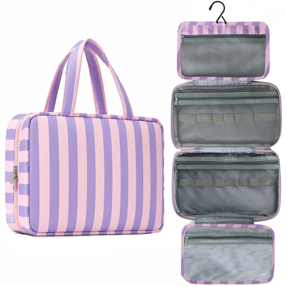 Toiletry Bag for Women Travel Water-resistant Cosmetic Bag Fashion Stripes Makeup Bag with Hanging Hook Preppy for Store Toiletries Cosmetic Accessories Medium Pink