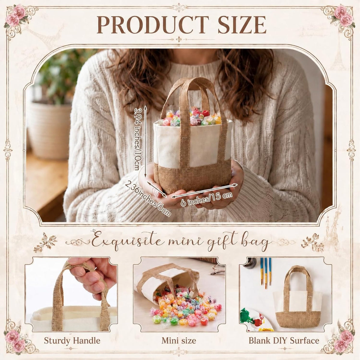Paterr 6/12 Pcs Mini Canvas Tote Bag Bulk Burlap Favor Bag