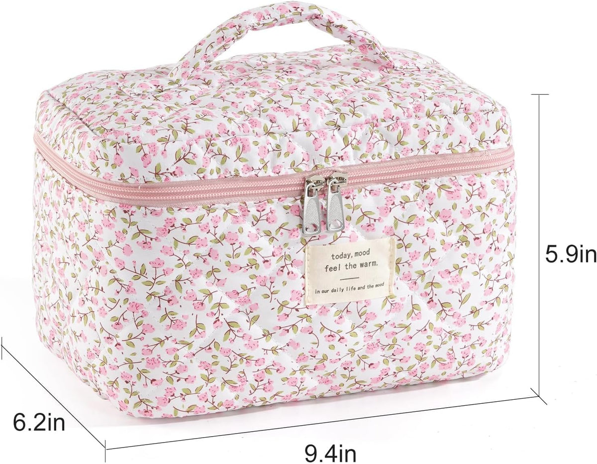 Makeup Bag for Women Quilted Cotton Make Up Bag Travel Cosmetic Bag Large Makeup Bag Cute Makeup Bags Organizer Floral Toiletry Bag Makeup Pouch for Purse, Pink Floral A-1PCS