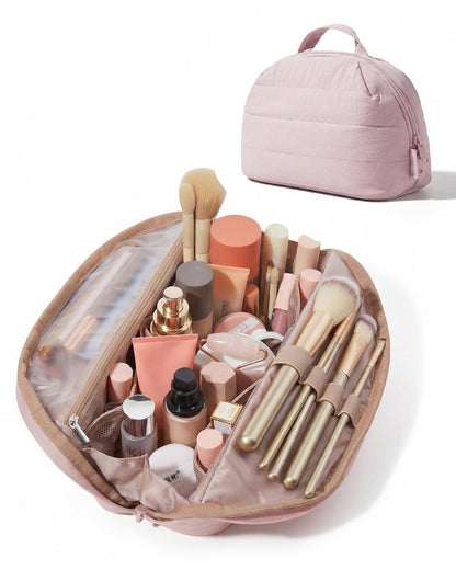 BAGSMART Travel Makeup Bag, Fold-Down Cosmetic Pouch for Women, Pink