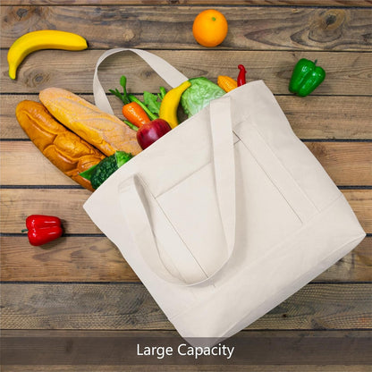 TOPDesign 1-Pack Canvas Tote Bag with an External Pocket, Reusable Grocery Shopping Bag, Top Zipper Closure, Daily Essentials (Natural)