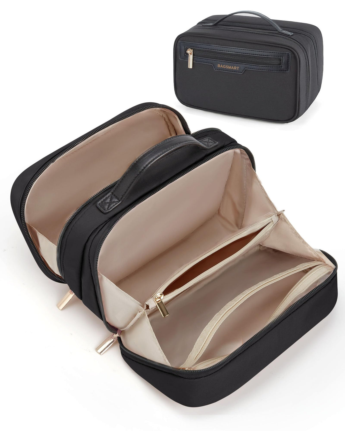 BAGSMART Travel Makeup Bag, Make Up Bag with Multiple Compartments for Organizer, Durable & Compact Cosmetic Organizer for Women for Travel Accessories (Beige)