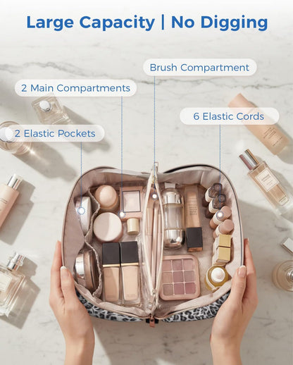 Makeup Bag for Women, Open Flat Puffy Organizer with Wipe-Clean PVC Lining