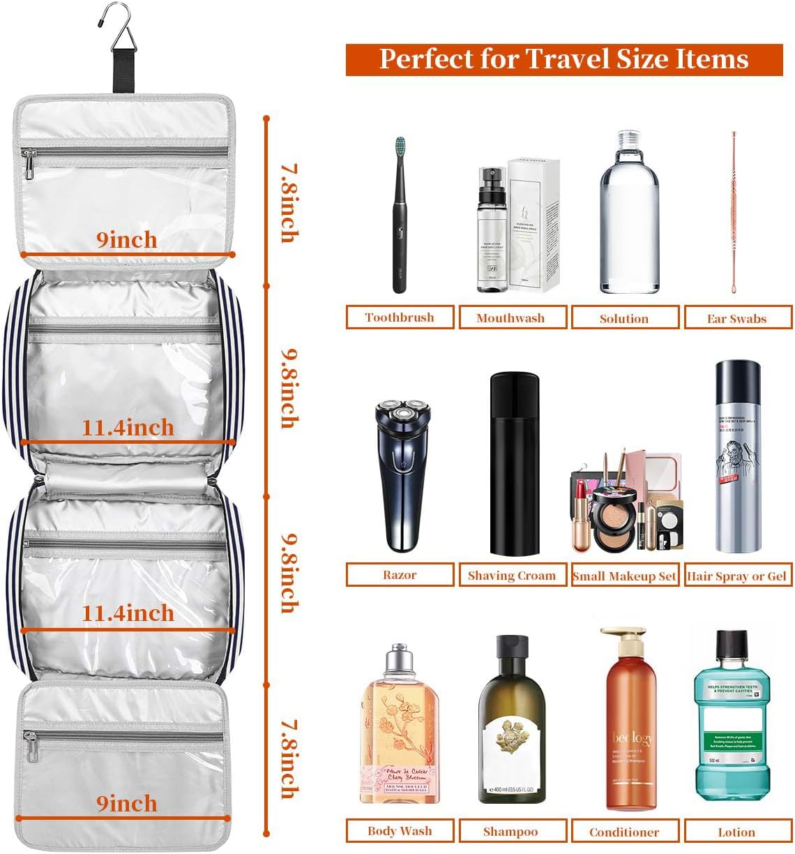 Bosidu Hanging Travel Toiletry Bag,Large Capacity Cosmetic Travel Toiletry Organizer for Women with 4 Compartments & 1 Sturdy Hook,Perfect for Travel/Daily Use/Christmas