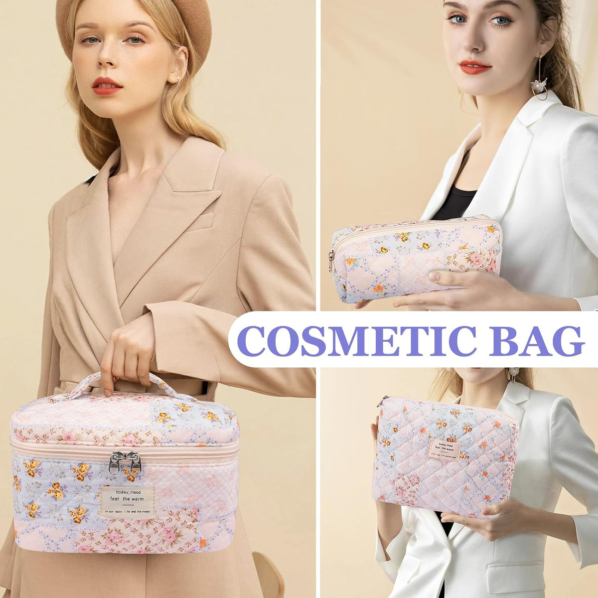 Gosect Makeup Bag Set, Quilted Makeup Bags, Large Floral Cosmetic Bag for Women, Cute Cotton Makeup Bags, Flower Travel Toiletry Organizer Bag (Folk Style)